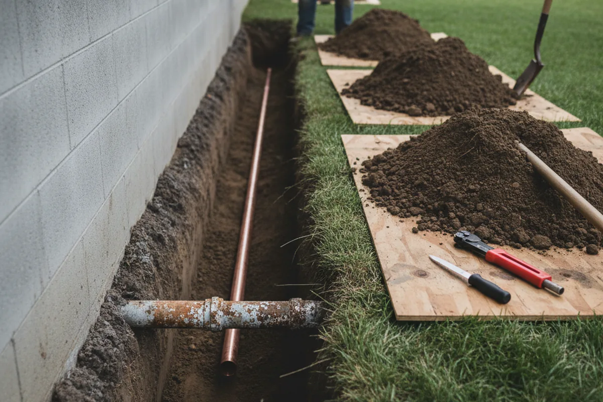 Excavated water line trench during Water Softener Installation in Takoma Park
